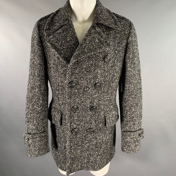 WOOSTER + LARDINI Size 36 Black Grey White Herringbone Wool Peacoat Coat